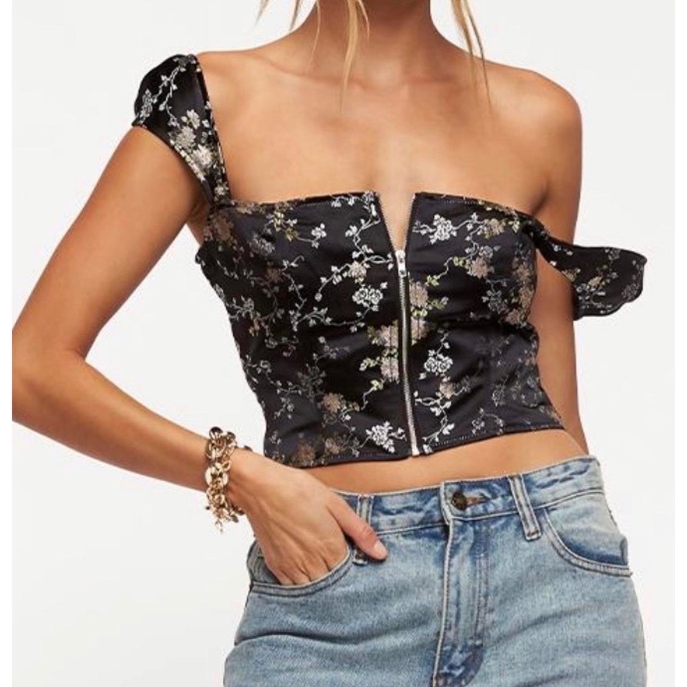 Lioness Papa Don't Preach Black Floral Corset Top Front Zip Satin Size Medium